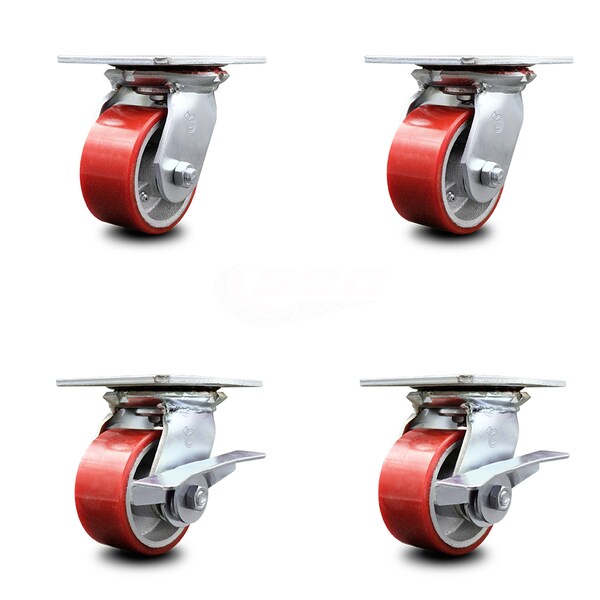 4 Inch Red Poly on Cast Iron Swivel Caster Set with Ball Bearings 2 Brakes SCC